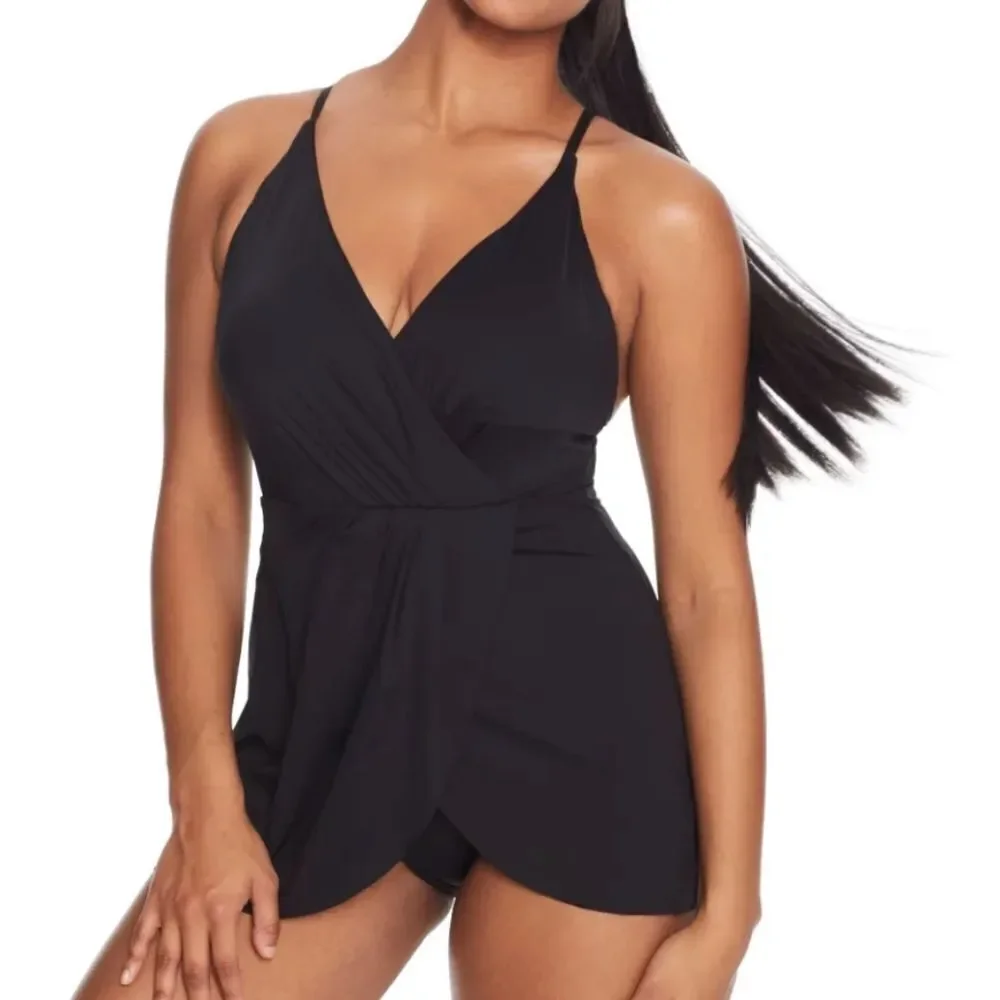 Anne Cole Swim Dress With Skirted Bottom Black For Women's Size 16